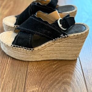 Marc Fisher Black and Tan Espadrille Wedges with Suede Straps
